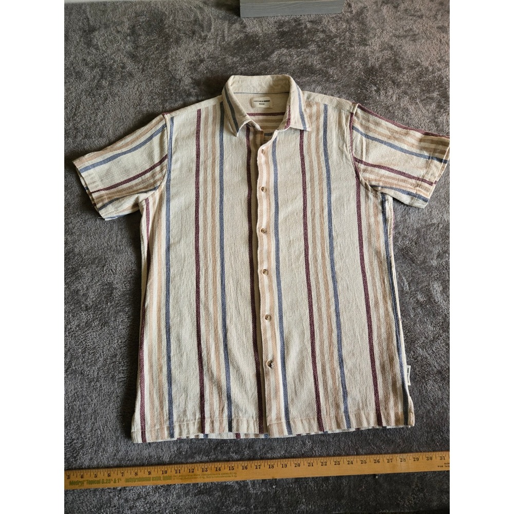 Hudson & Barrow Button Up Shirt Mens L Beige Striped Excellent Cotton Textured